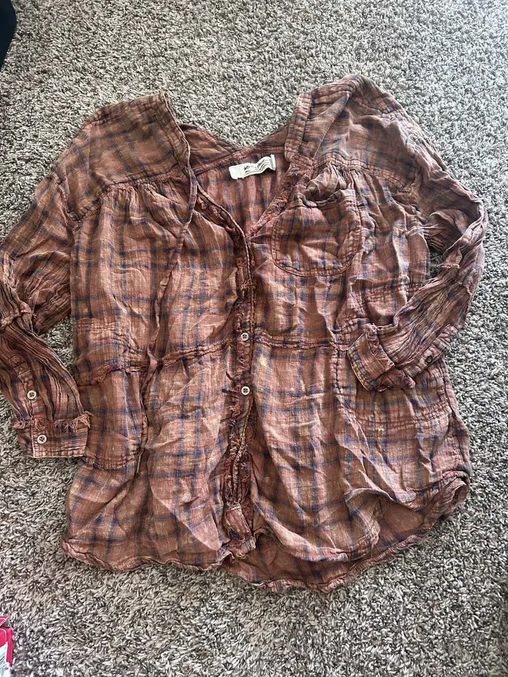 We The Free | Free People | women’s Brown Plaid  Button-Down distressed Top